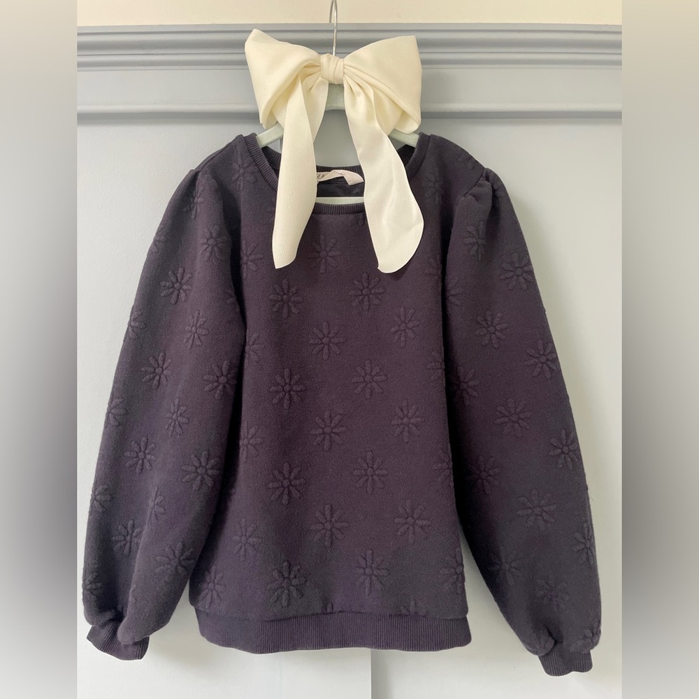 Girls Navy H&M Textured Navy Sweatshirt w/Pouf Shoulder + Boxy High Fashion Fit